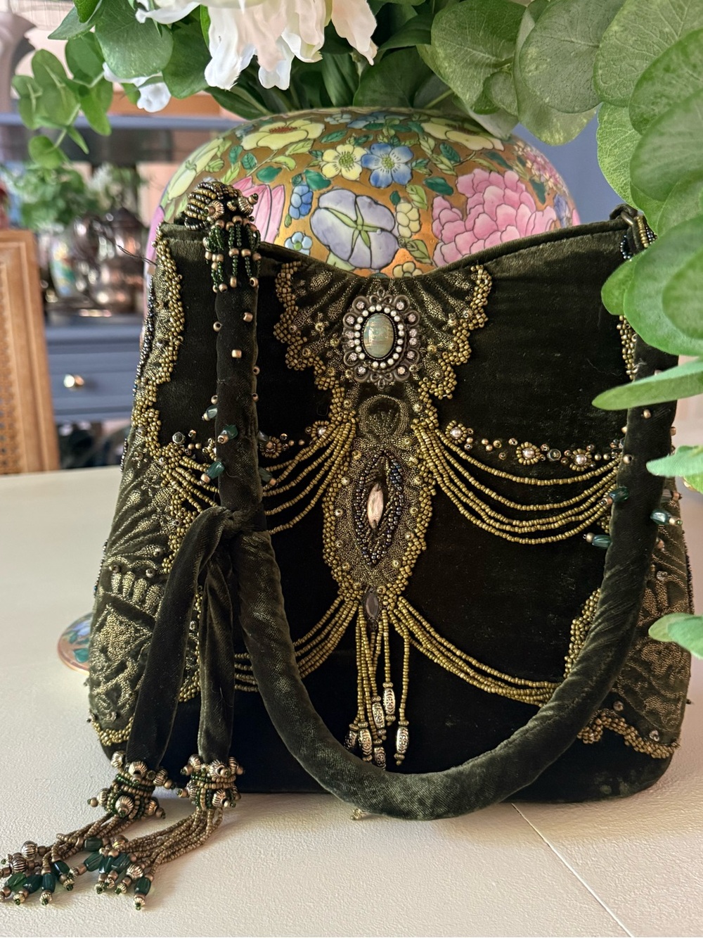 Mary Frances Dark Green Velvet Beaded Purse Bag With Victorian Style Design